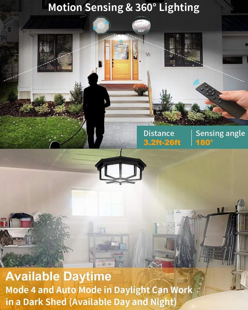AEQ Solar Shed Light Indoor Outdoor 288LED 360°Lighting Solar Lights Work in Daytime with Remote Control, Waterproof Solar Gazebo Lights with Motion Sensor/5 Modes for Home Shed Garage Barn - Image 2